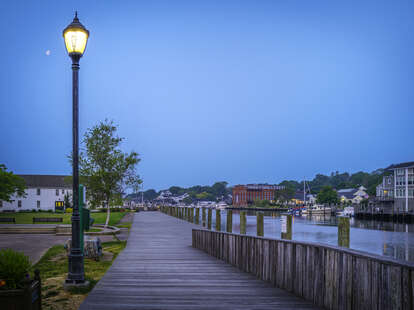 Dawn at the Mystic River Boardwalk in Connecticut,
