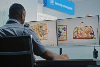 A TSA agent looks at x-rays of luggage.
