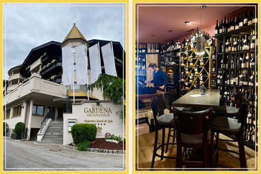 side by side images of the town or ortisei in the dolomite mountains, a wine cellar and a hotel
