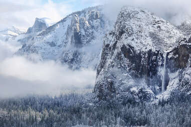 snowy vista of yosemite valley, including bridalveil falls