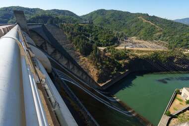 looking down at Shasta Dam on a sunny day