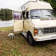 dog and a retro camper van near a lake