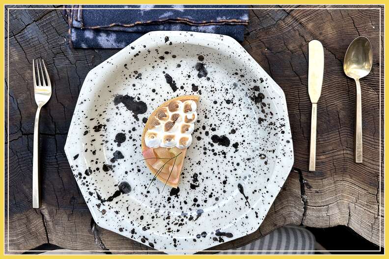 dessert at solstice, a half of a miniature rhubarb pie with toasted mashrmallow on top